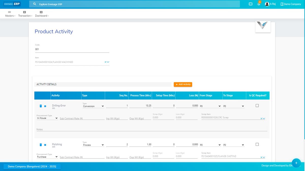 Envisage-ERP product activity screen