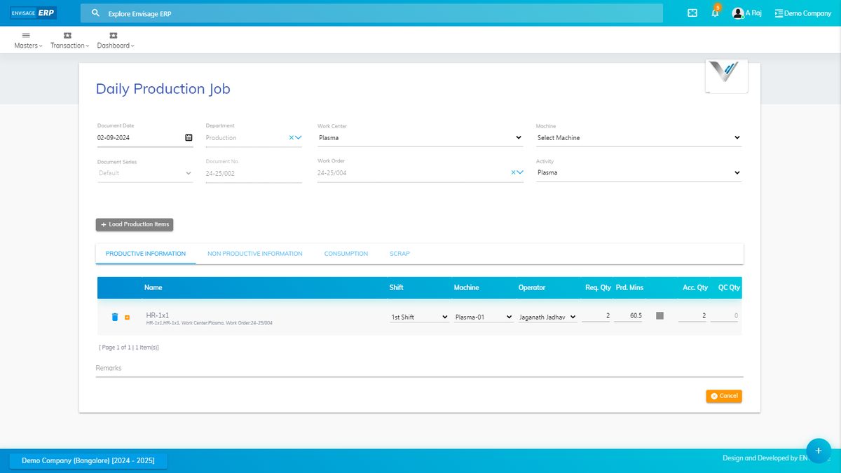 Envisage-ERP daily production job screen