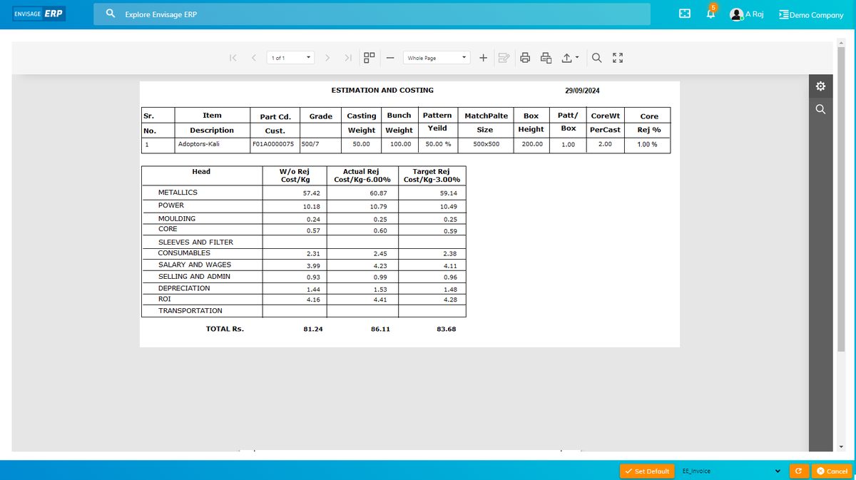 Envisage-ERP production QC screen