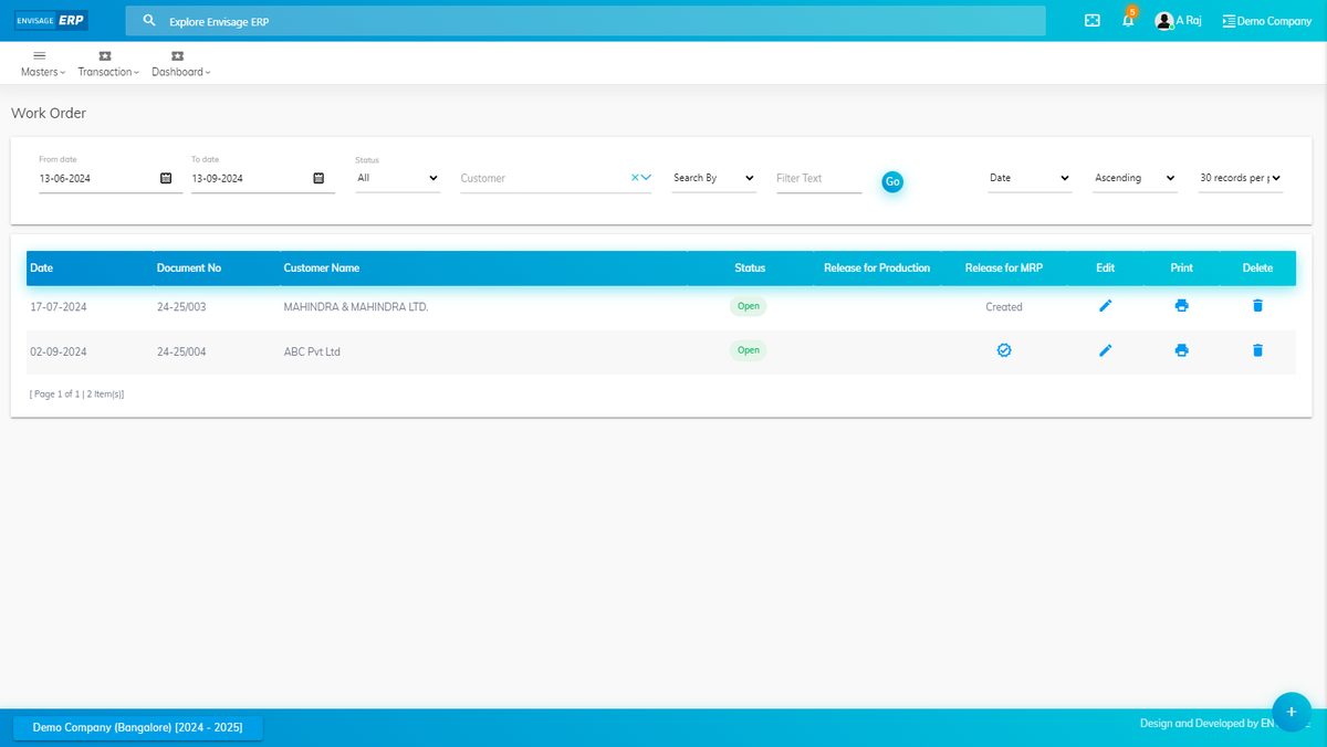 Envisage-ERP quotation comparison screen