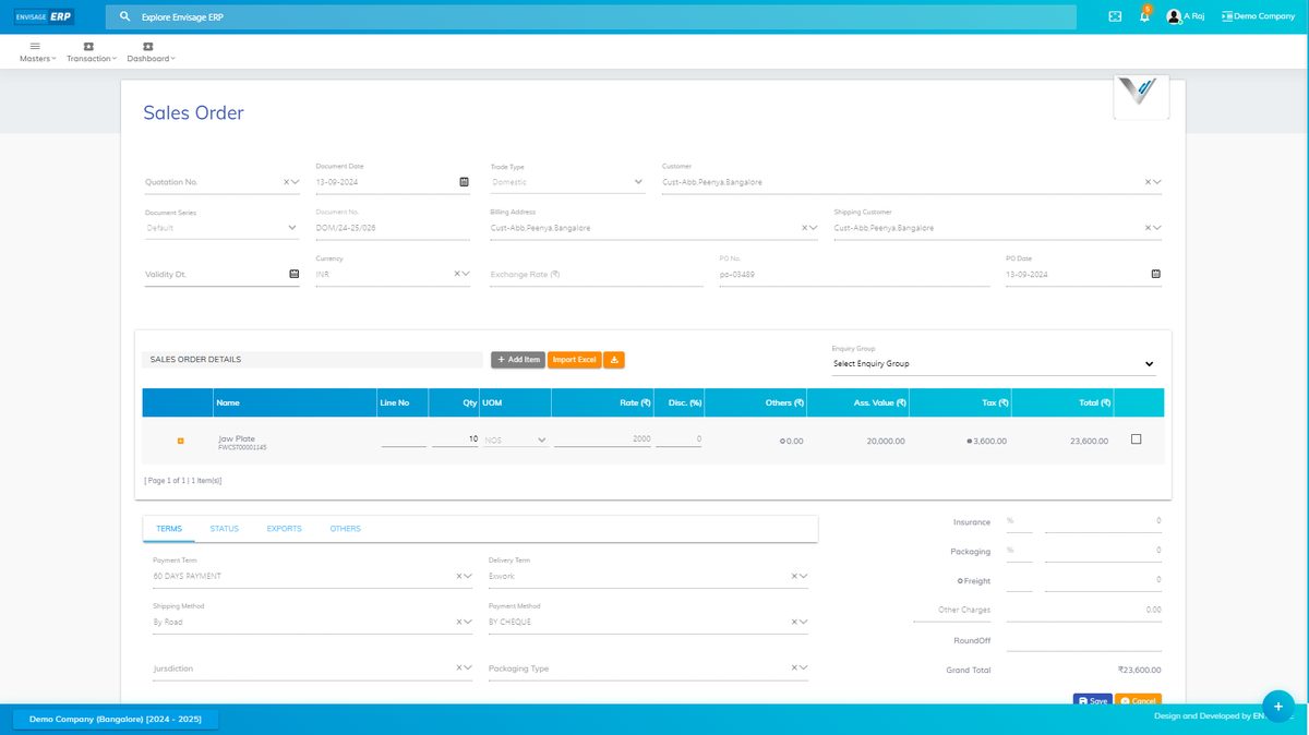 Envisage-ERP sales order screen